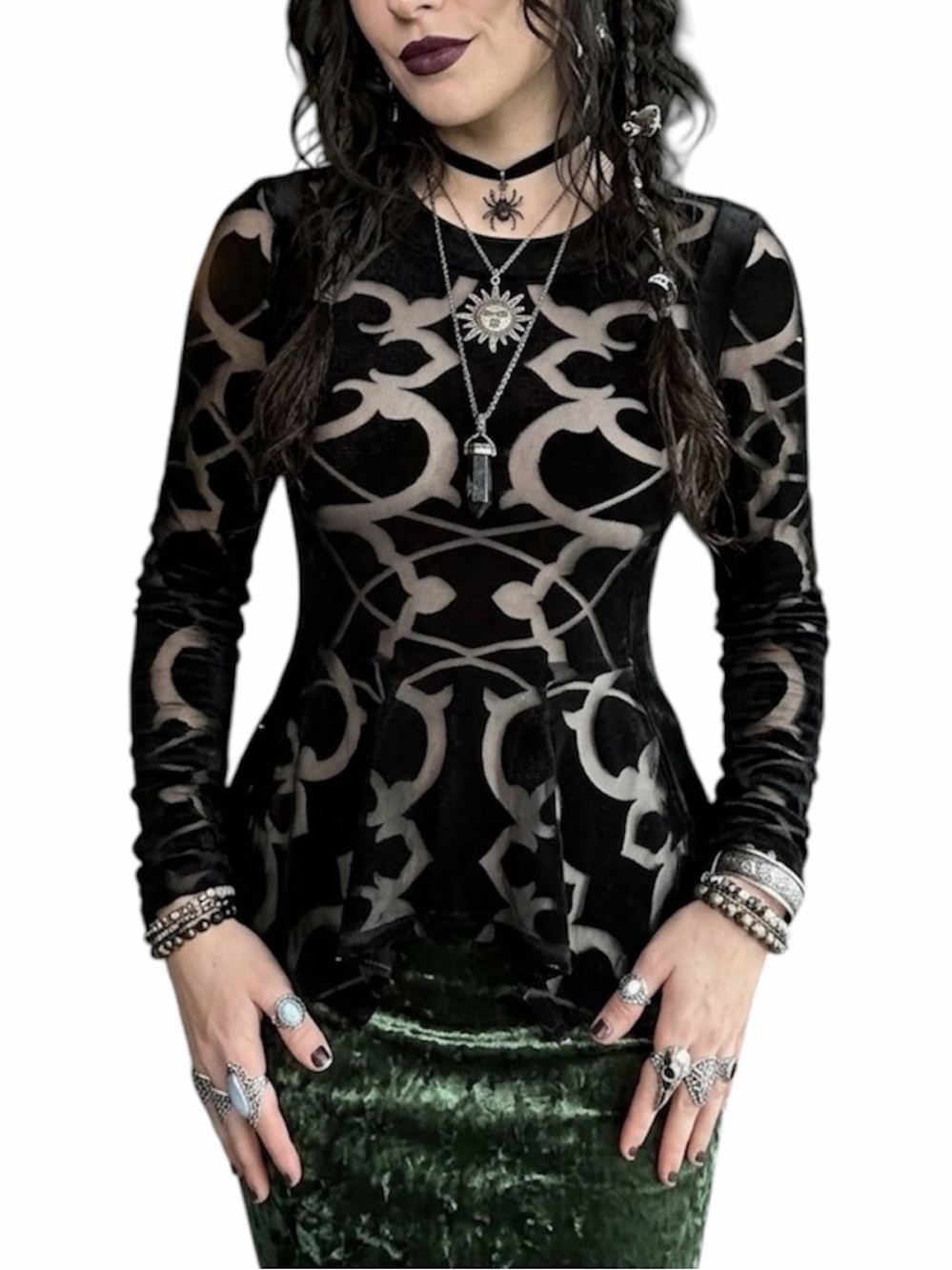 BCBG MaxAzria Wimsihoth Black Velvet Sheer Romantic Gothic Long-Sleeve Top XS